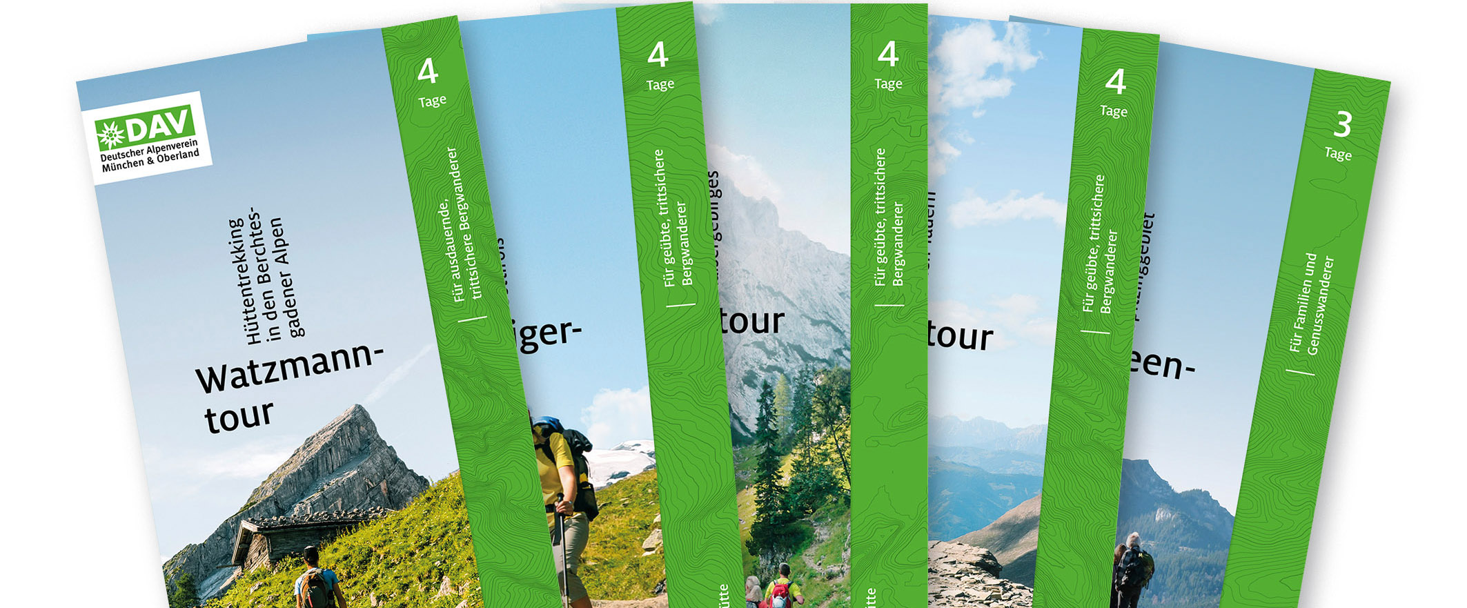 Fächer mit fünf Hüttentrekking-Faltblättern, die das gleiche Design haben. Sie unterscheiden sich aber in ihren Titelbildern und Schriften.