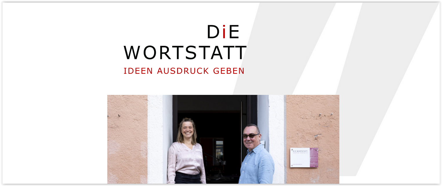 Ausschnitt vom Header der Website www.diewortstatt.de. Zu sehen ist die Wortmarke "Die Wortstatt. Ideen Ausdruck geben" und darunter ein Foto von Franziska Kučera und Frank Martin Siefarth, dem Team der Wortstatt.