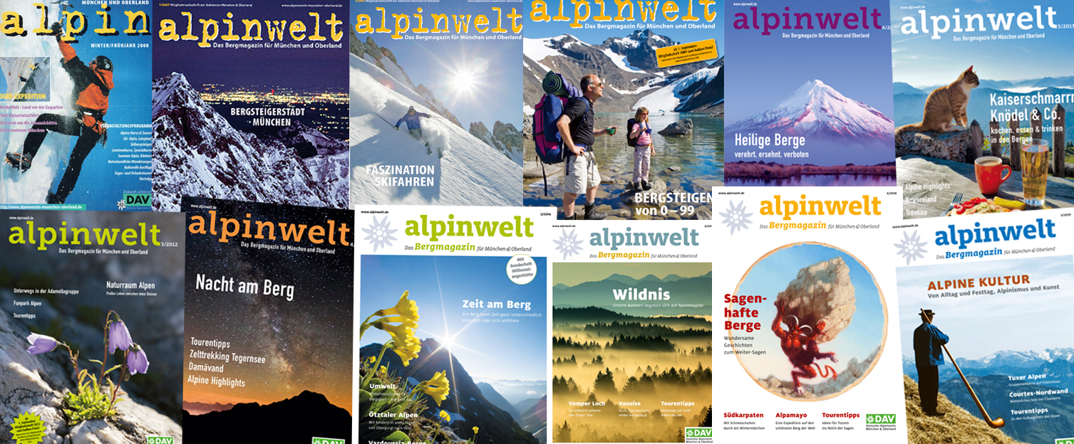 Zusammenstellung von zwölf unterschiedlichen Titel des Bergmagazins "alpinwelt"