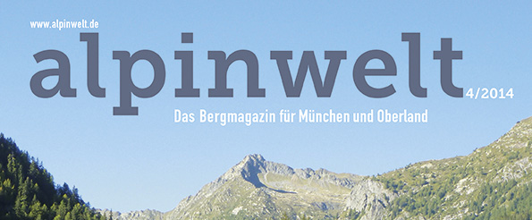 Ausschnitt des Covers der alpinwelt 4/2014 mit Titelschrift und hohen Bergen im Hintergrund