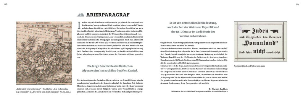Beispielseite aus dem Buch "150 Bergspitzen" mit dem Titel "Arierparagraf".