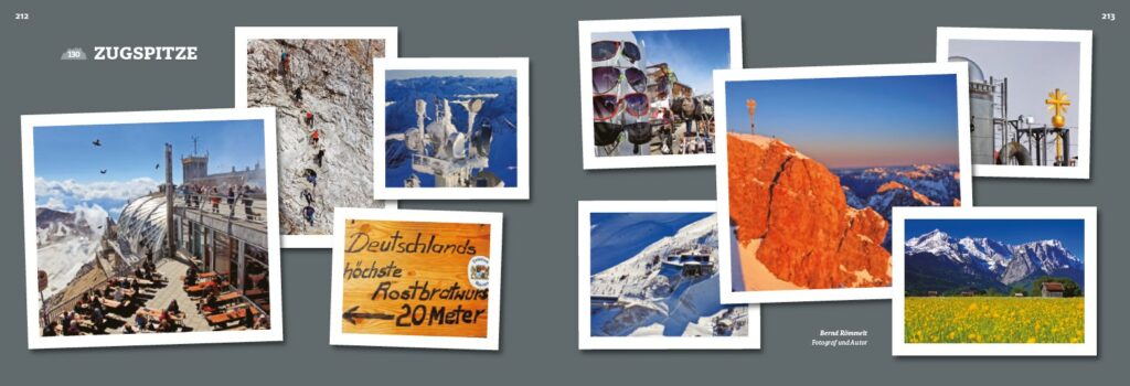 Beispielseite aus dem Buch "150 Bergspitzen" mit dem Titel "Zugspitze". Insgesamt neun Fotos zeigen auf grauem Hintergrund Impressionen von Deutschlands höchstem Berg.