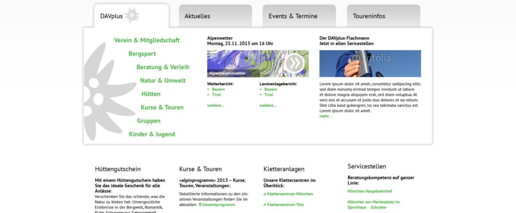 Ausschnitt von der Startseite des Web-Portals "davplus.de" mit einem Reitersystem. Das erste der vier Tabs ist geöffnet und zeigt die Haupt-Menüpunkte und zwei Meldungen.