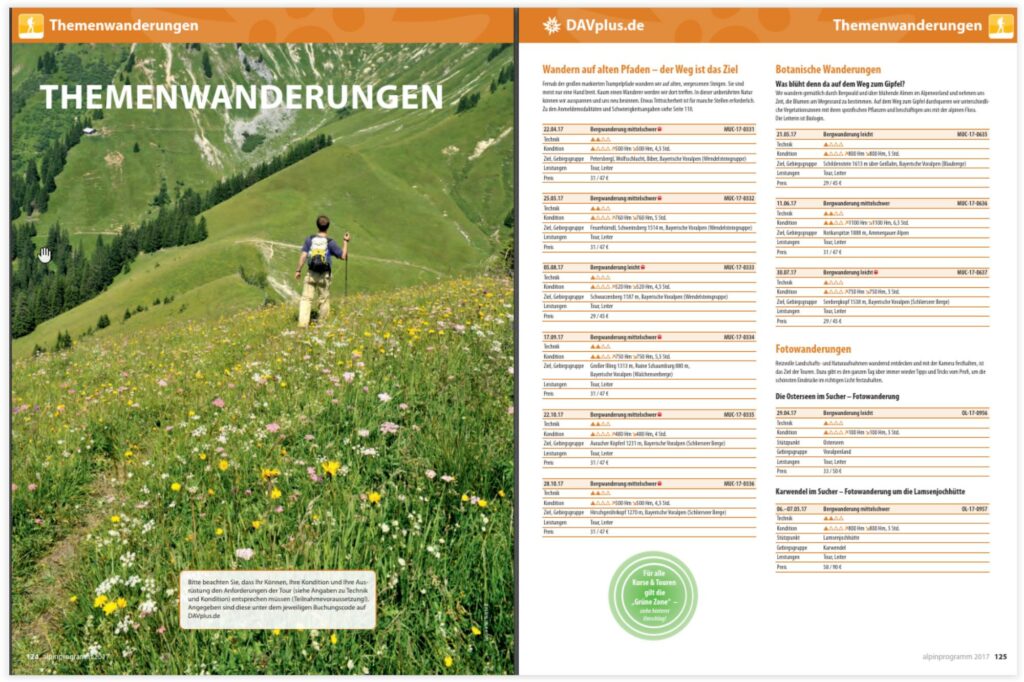 Beispielsseite aus dem Katalog "alpinprogramm"mit einem ganzseitigen Foto von einem Wanderer in Blumenbergwiesen links und Tabellen mit verschiedenen Themenwanderungen rechts.