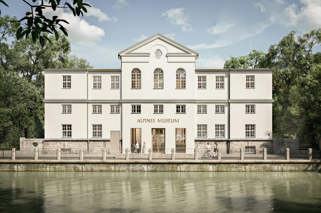 Entwurf der neuen Fassade des Alpinen Museums auf der Münchner Praterinsel nach dem Umbau 2023