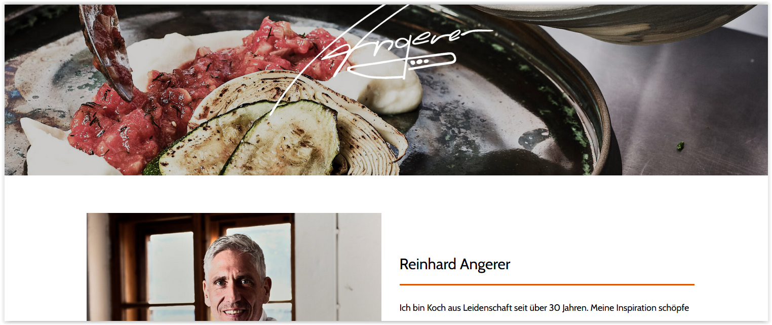 Ausschnitt des Headers der Website www.reinhard-angerer.de mit großem Food-Bild und weißer Unterschrift darauf. Darunter ist angeschnitten ein Porträt-Bild von Reinhard Angerer zu sein, daneben steht sein Name.