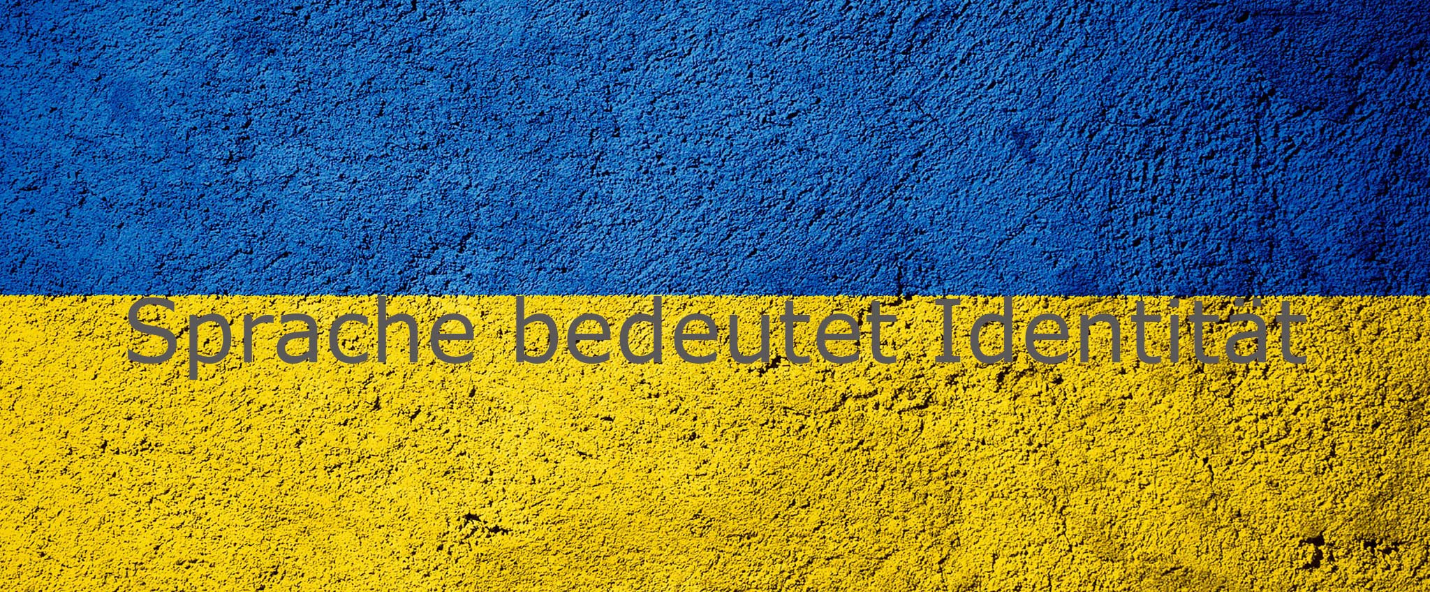 Man sieht die ukrainischen National- bzw. Flaggenfarben Blau und Gelb übereinander auf eine Mauer gemalt. Darüber steht der Spruch "Sprache bedeutet Identität"