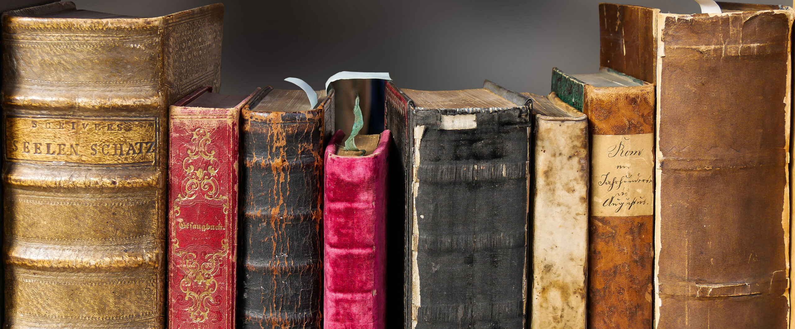 Alte Bücher mit verschlissenen Buchrücken stehen im Regal